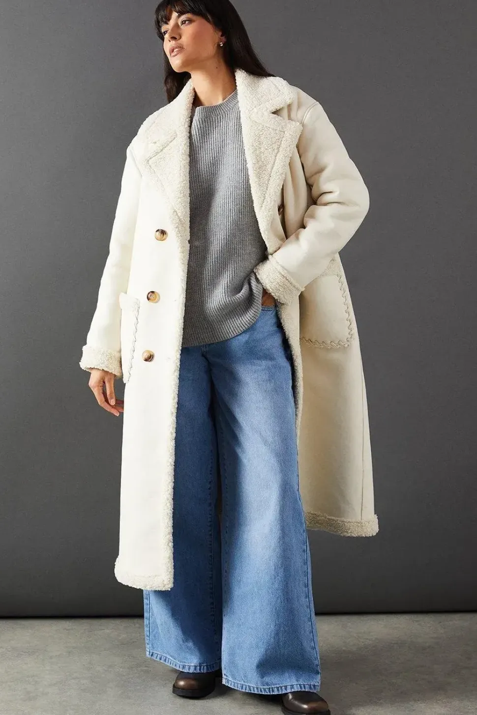 Whipstitch Faux Leather Shearling Coat