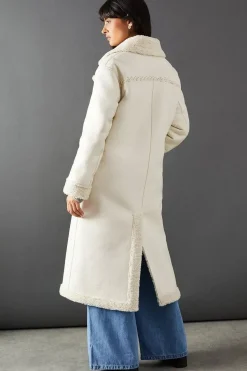 Whipstitch Faux Leather Shearling Coat