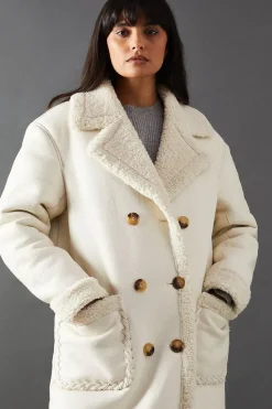 Whipstitch Faux Leather Shearling Coat