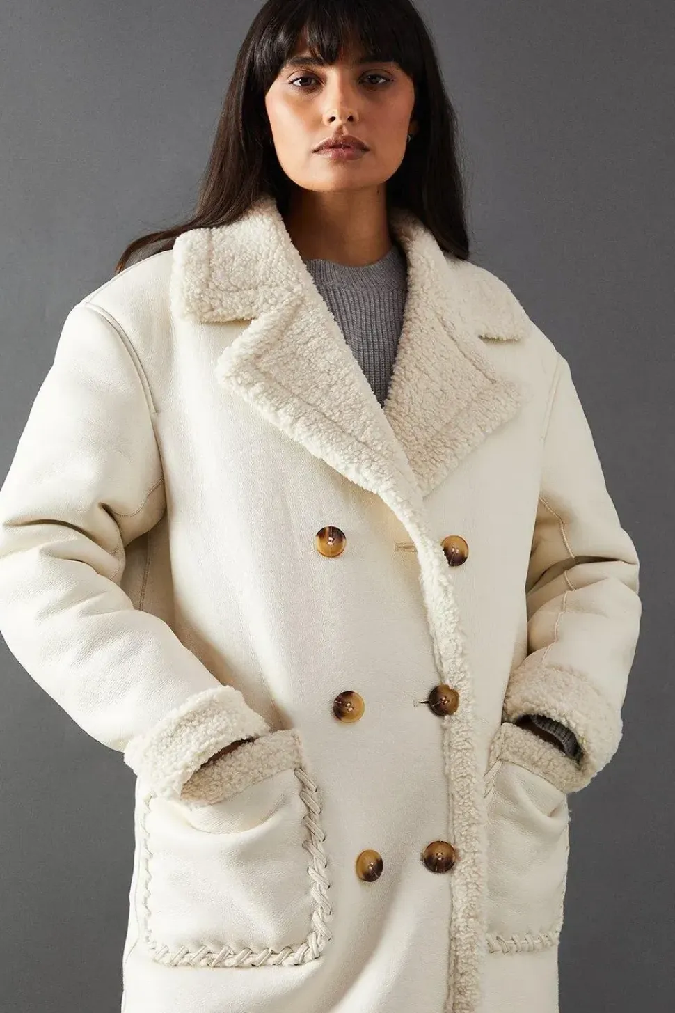 Whipstitch Faux Leather Shearling Coat