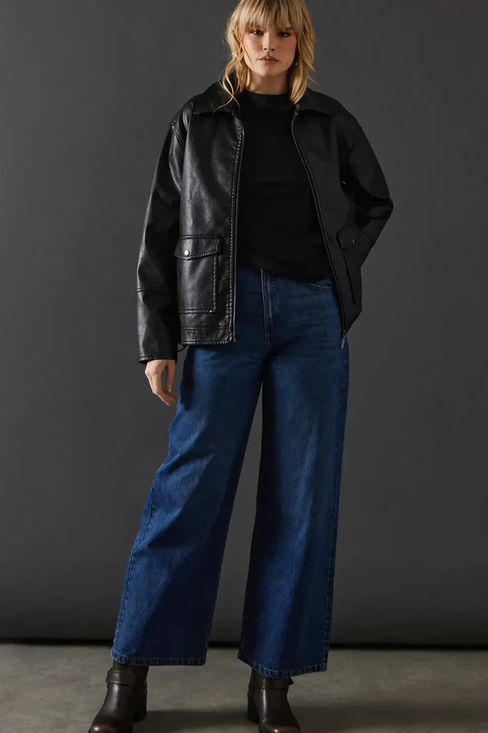 Whipstitch Faux Leather Zip Through Jacket