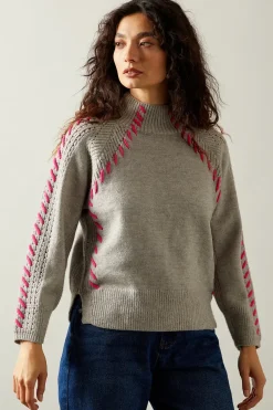 Whipstitch Pointelle Detail High Neck Jumper
