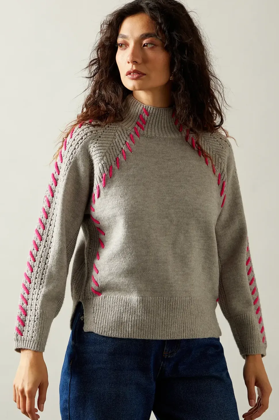 Whipstitch Pointelle Detail High Neck Jumper