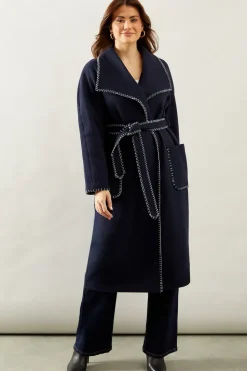 Whip stitch Shawl Collar Belted Coatblack