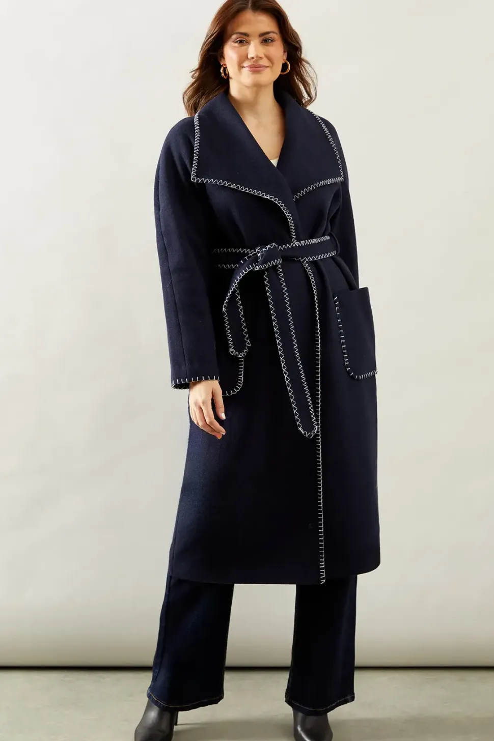 Whip stitch Shawl Collar Belted Coatblack