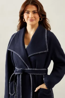 Whip stitch Shawl Collar Belted Coatblack