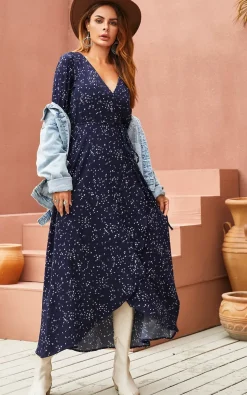 White Dandelion Floral Print Wrap Midaxi Dress In Navy