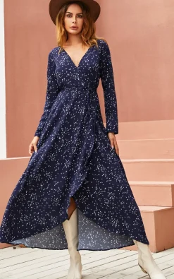 White Dandelion Floral Print Wrap Midaxi Dress In Navy