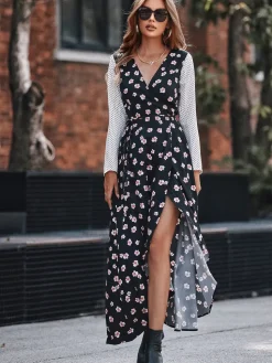White Dot Floral Print Mix Wrap Dress In Black