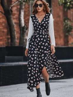 White Dot Floral Print Mix Wrap Dress In Black