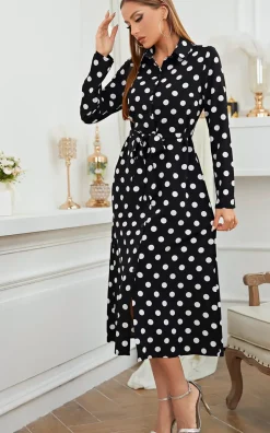 White Dot Print Midi Shirt Dress In Black