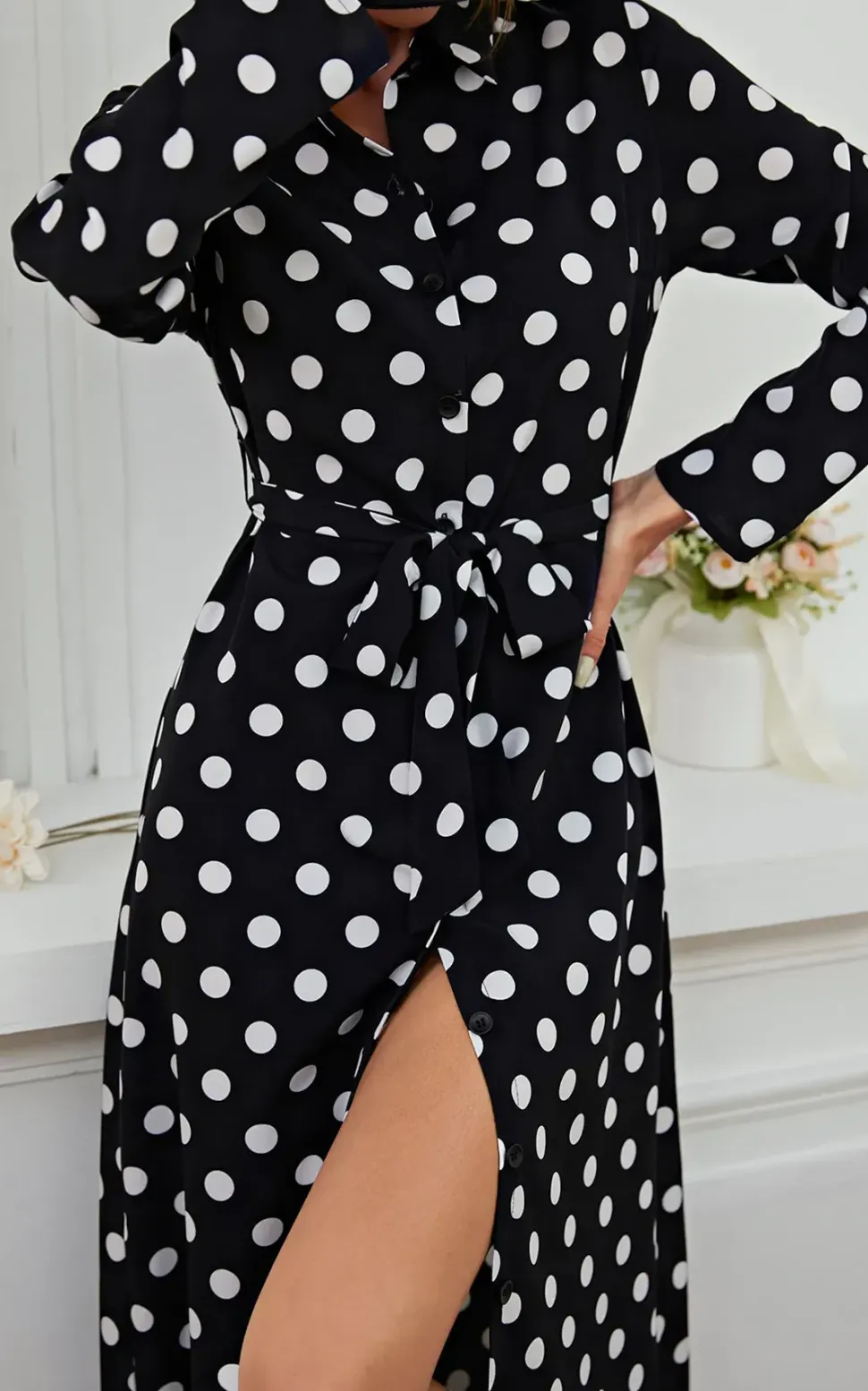White Dot Print Midi Shirt Dress In Black