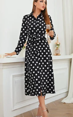 White Dot Print Midi Shirt Dress In Black