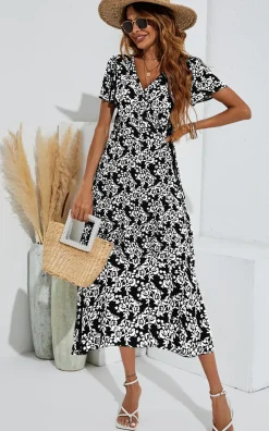 White Floral Print Wrap Midi Dress In Black