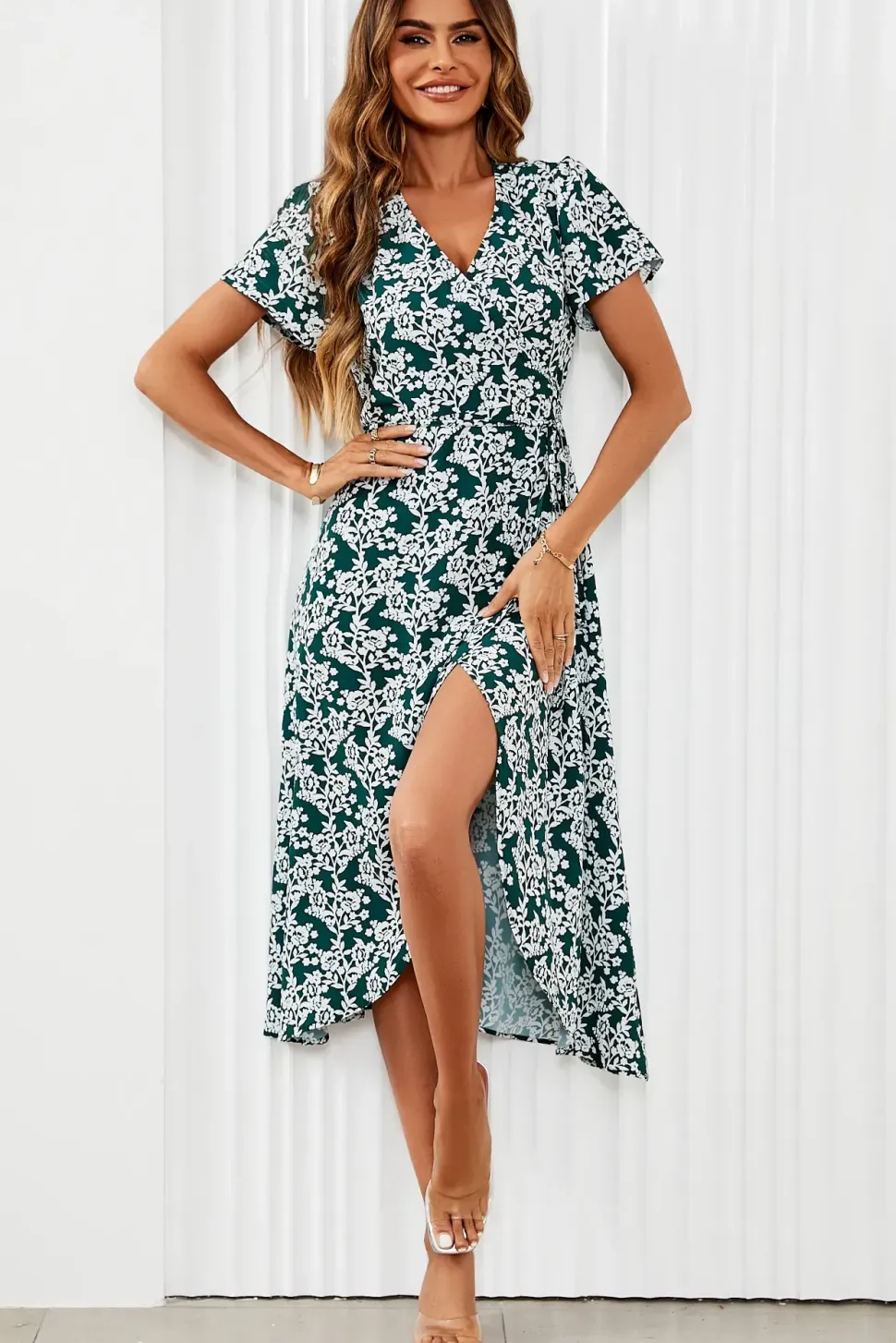 White Floral Print Wrap Midi Dress In Dark Green