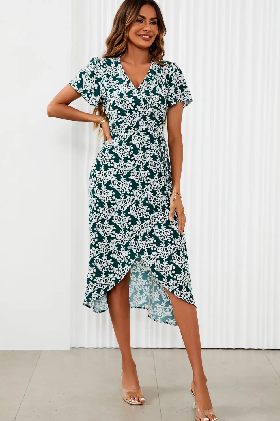 White Floral Print Wrap Midi Dress In Dark Green