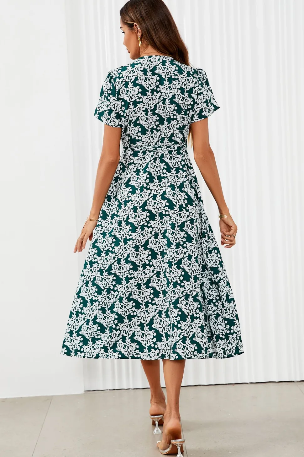 White Floral Print Wrap Midi Dress In Dark Green