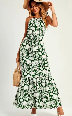 White Flora Print Halterneck Tiered Maxi Dress In Green