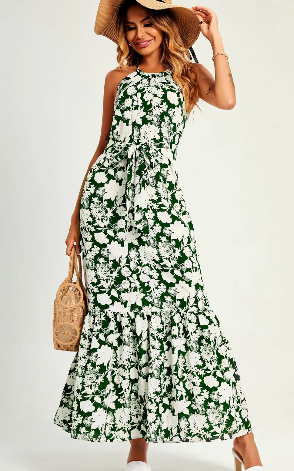 White Flora Print Halterneck Tiered Maxi Dress In Green