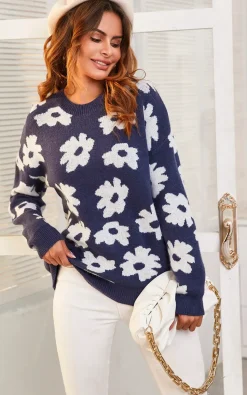 White Flower Pattern Jumper Top In Navy