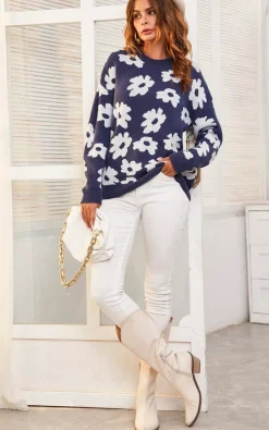 White Flower Pattern Jumper Top In Navy