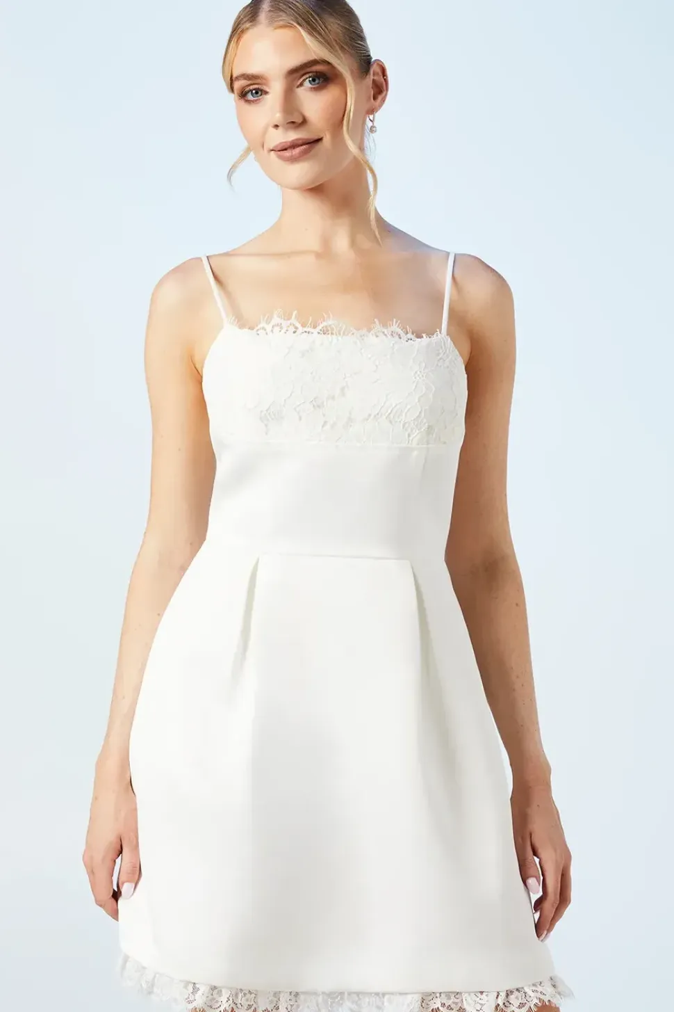 White Lace And Structured Satin Mini Bridal Dress