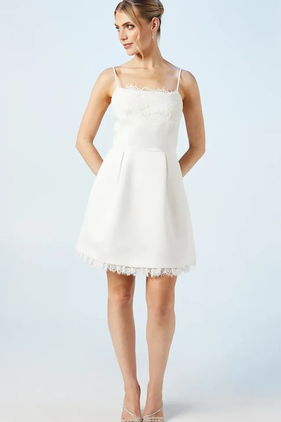 White Lace And Structured Satin Mini Bridal Dress
