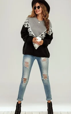 White Leopard Striped Jumper In Black & Grey