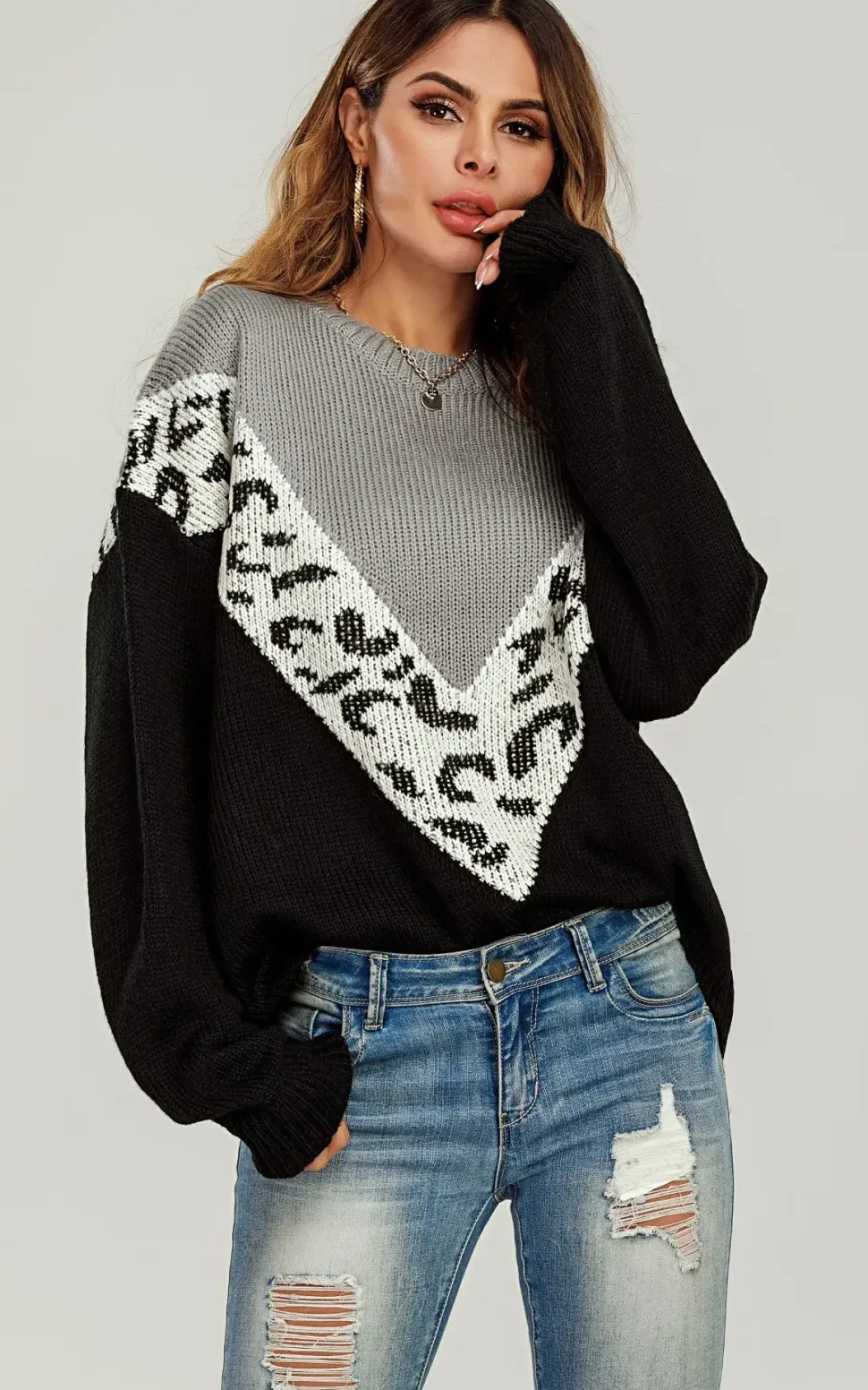 White Leopard Striped Jumper In Black & Grey