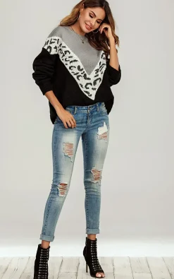 White Leopard Striped Jumper In Black & Grey