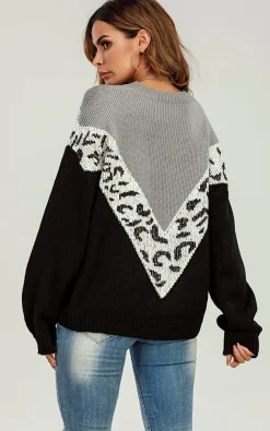 White Leopard Striped Jumper In Black & Grey