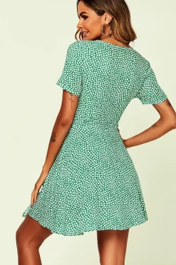 White Little Floral Print Mini Wrap Dress In Green