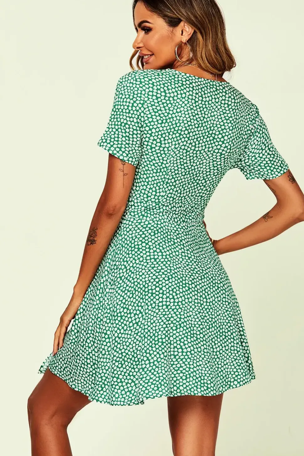 White Little Floral Print Mini Wrap Dress In Green