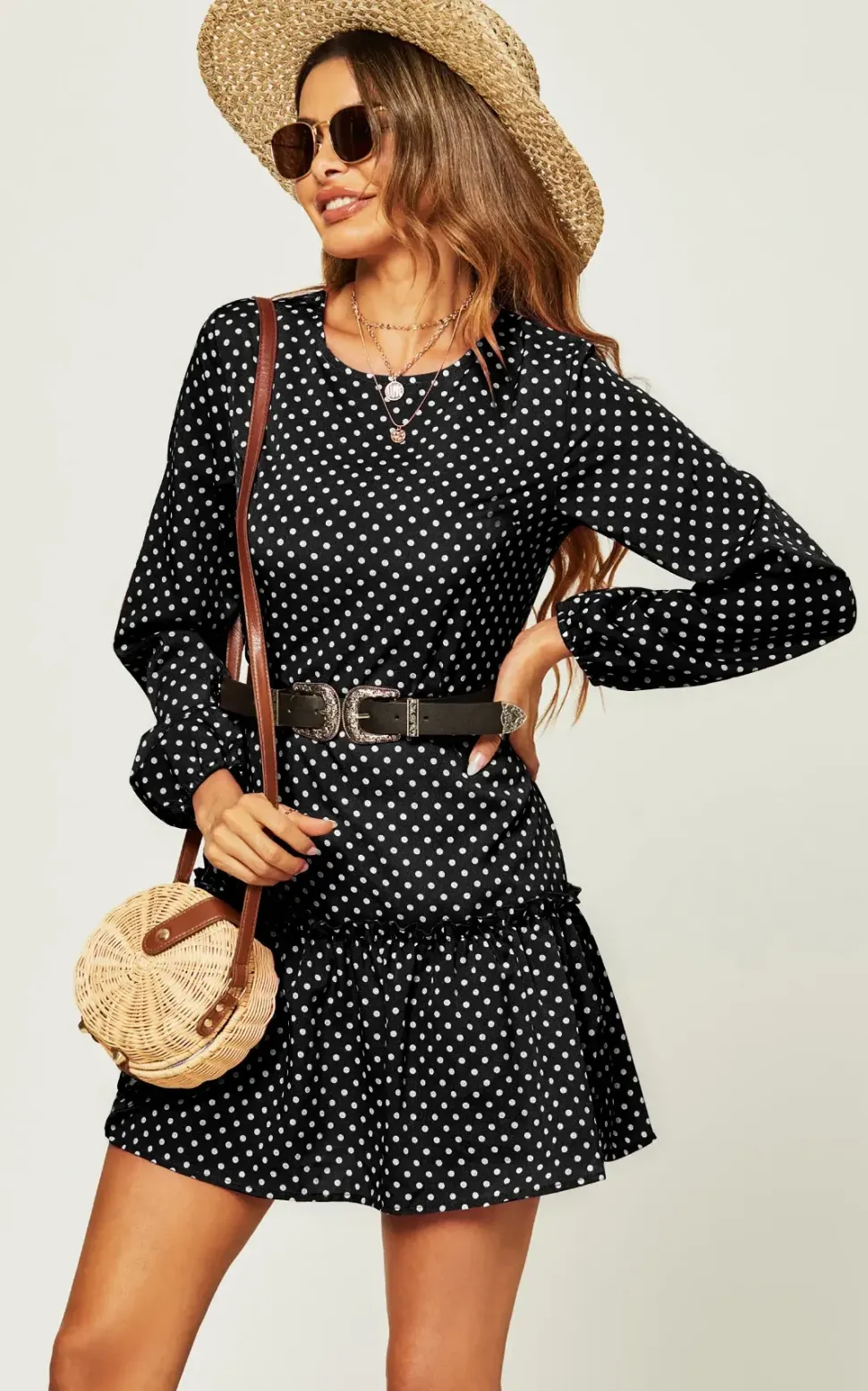 White Polka Dot Print High Neck Long Sleeve Frill Detail Pleated Skirt Midi Dress