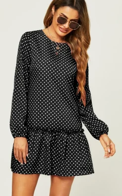 White Polka Dot Print High Neck Long Sleeve Frill Detail Pleated Skirt Midi Dress