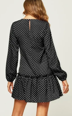 White Polka Dot Print High Neck Long Sleeve Frill Detail Pleated Skirt Midi Dress