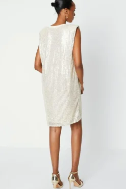 White Sequin Shoulder Pad Shift Dress