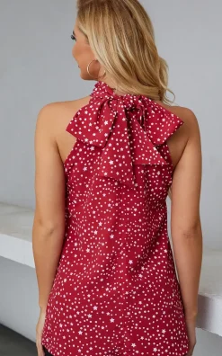 White Star Print Halter Neck Tie Back Top In Red
