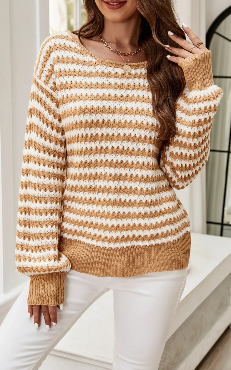 White Stripe Relaxed Knit Jumper Top In Camel