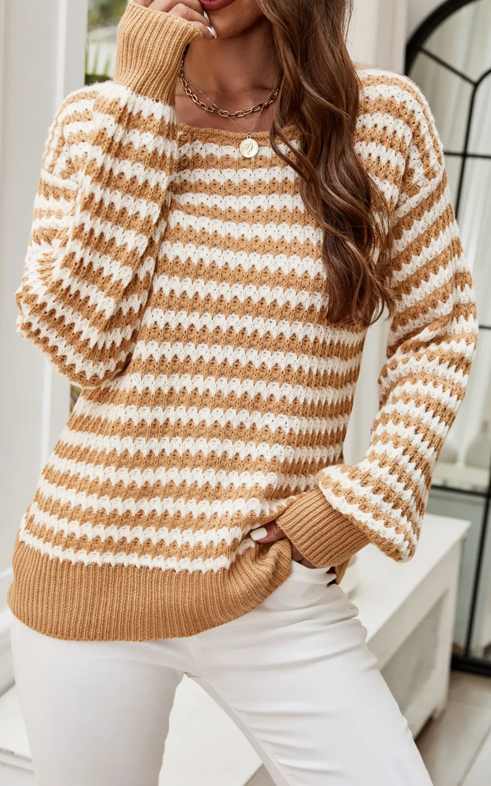 White Stripe Relaxed Knit Jumper Top In Camel