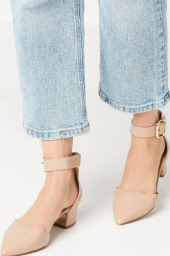 Wide Fit Derby Buckle Detail Medium Block Heel Pointed Court Shoes