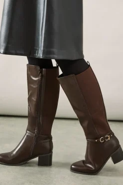 Wide Fit Hills Faux Leather Stretch Mid Block Heel Knee Boots