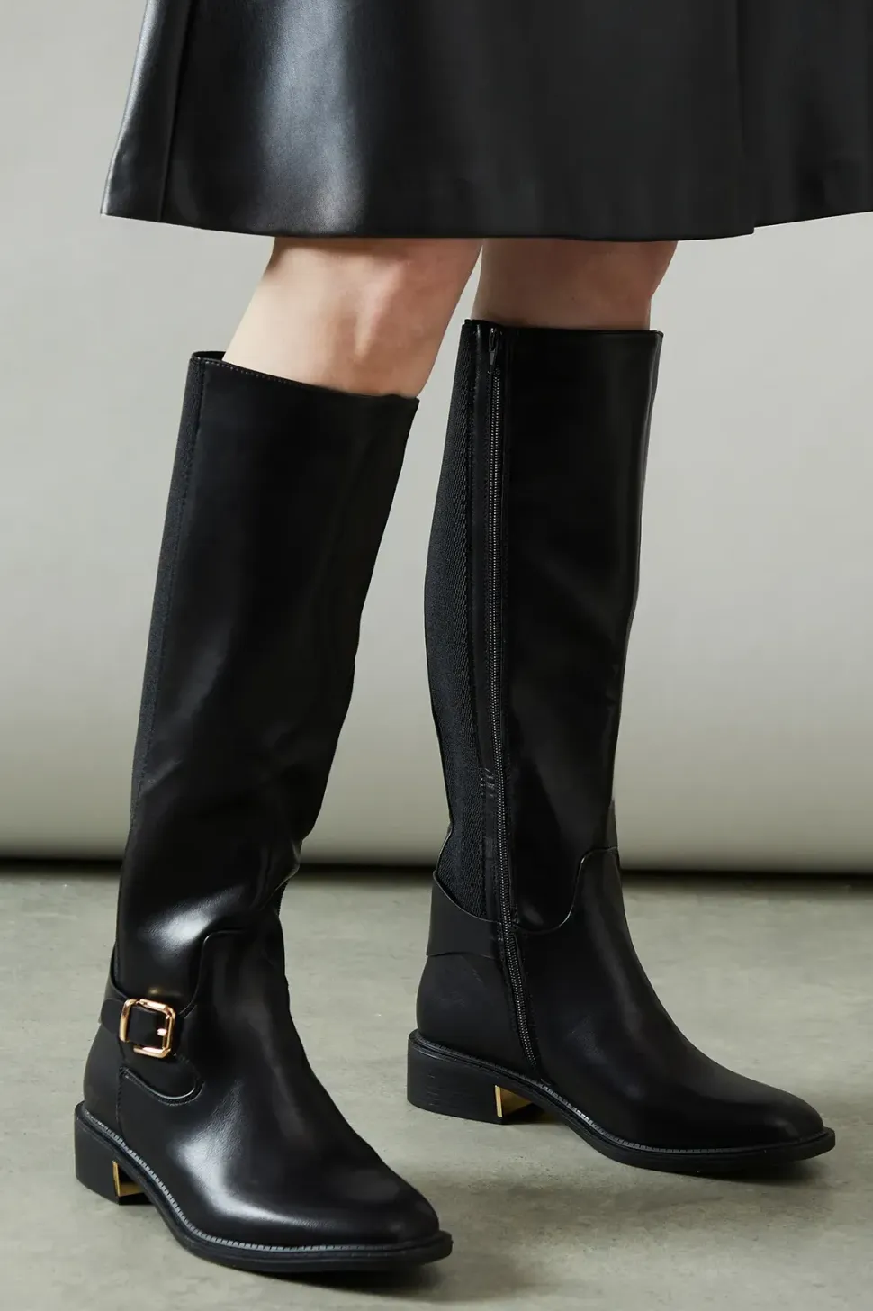 Wide Fit Holly Faux Leather Elastic Back Knee High Riding Boots