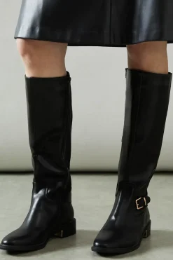 Wide Fit Holly Faux Leather Elastic Back Knee High Riding Boots