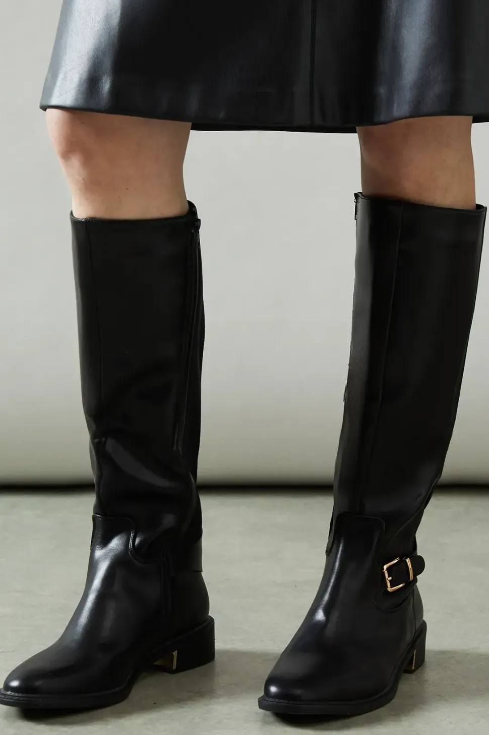 Wide Fit Holly Faux Leather Elastic Back Knee High Riding Boots