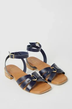 Wide Fit Leather Comfort Saskia Metal Detail Low Heeled Sandals