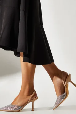 Wide Fit Tilly Diamante And Pearl Sling Back Pointed Court Shoes