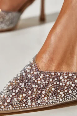 Wide Fit Tilly Diamante And Pearl Sling Back Pointed Court Shoes