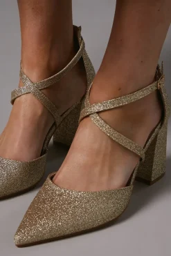 Wide Fit Treat Glittter Cross Strap Pointed Block Heel Court Shoes