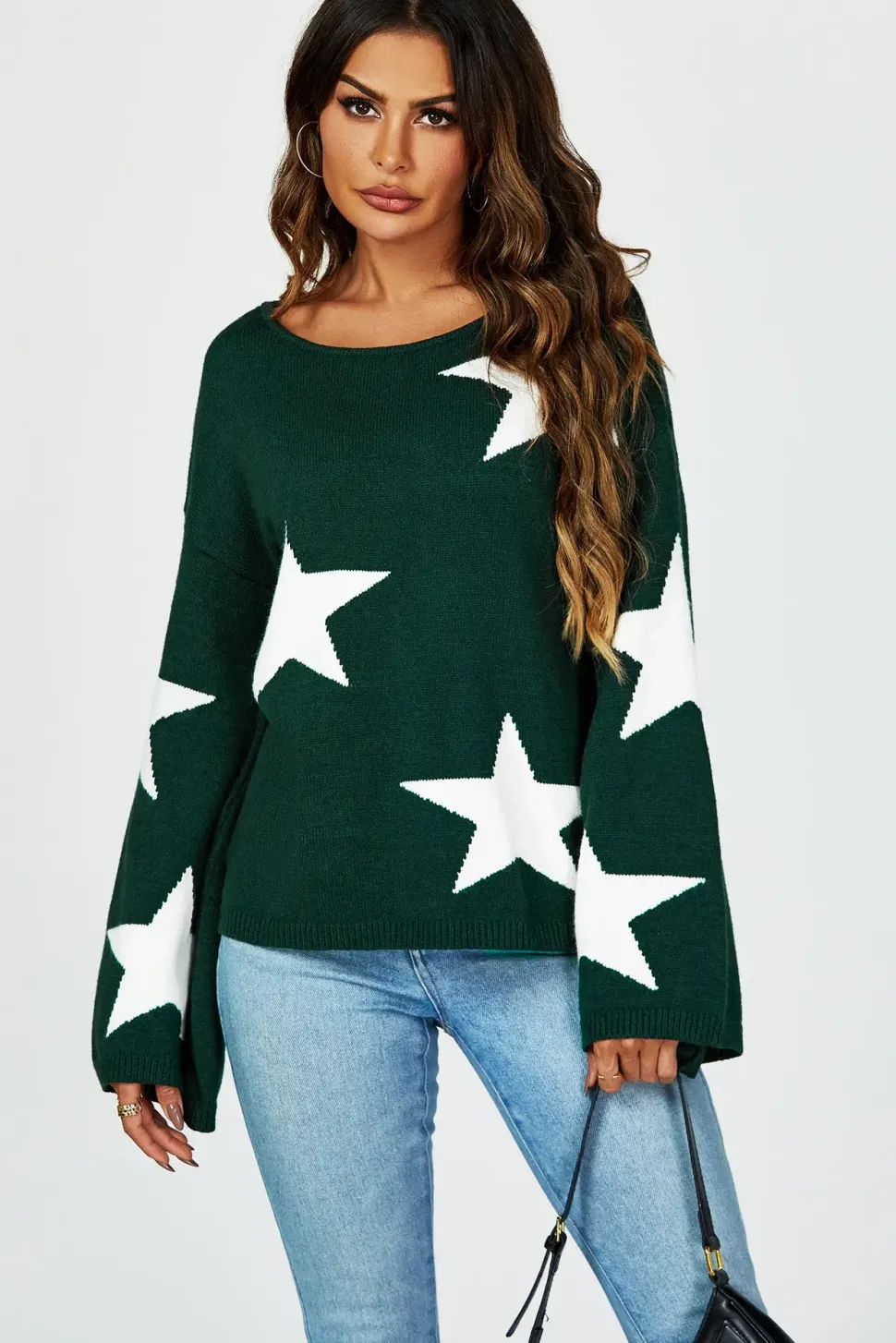Wide Sleeve Oversize Dark Green Jumper With White Star